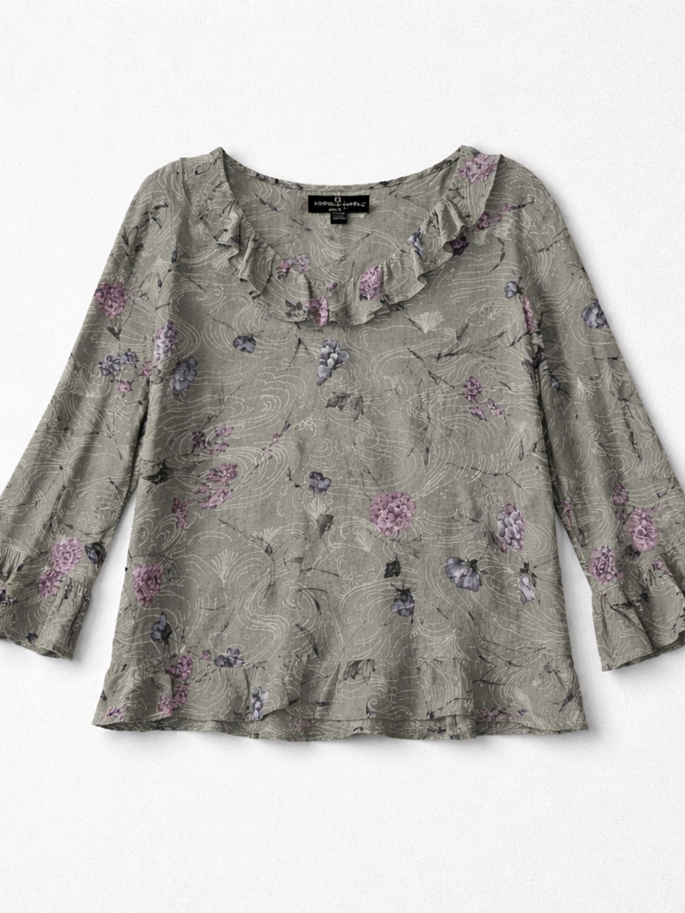 CAROLE LITTLE  Olive Green Floral Ruffle Neck Blouse